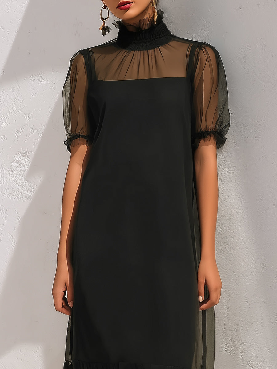 Sheer Puff Sleeves Mesh Overlay Dress