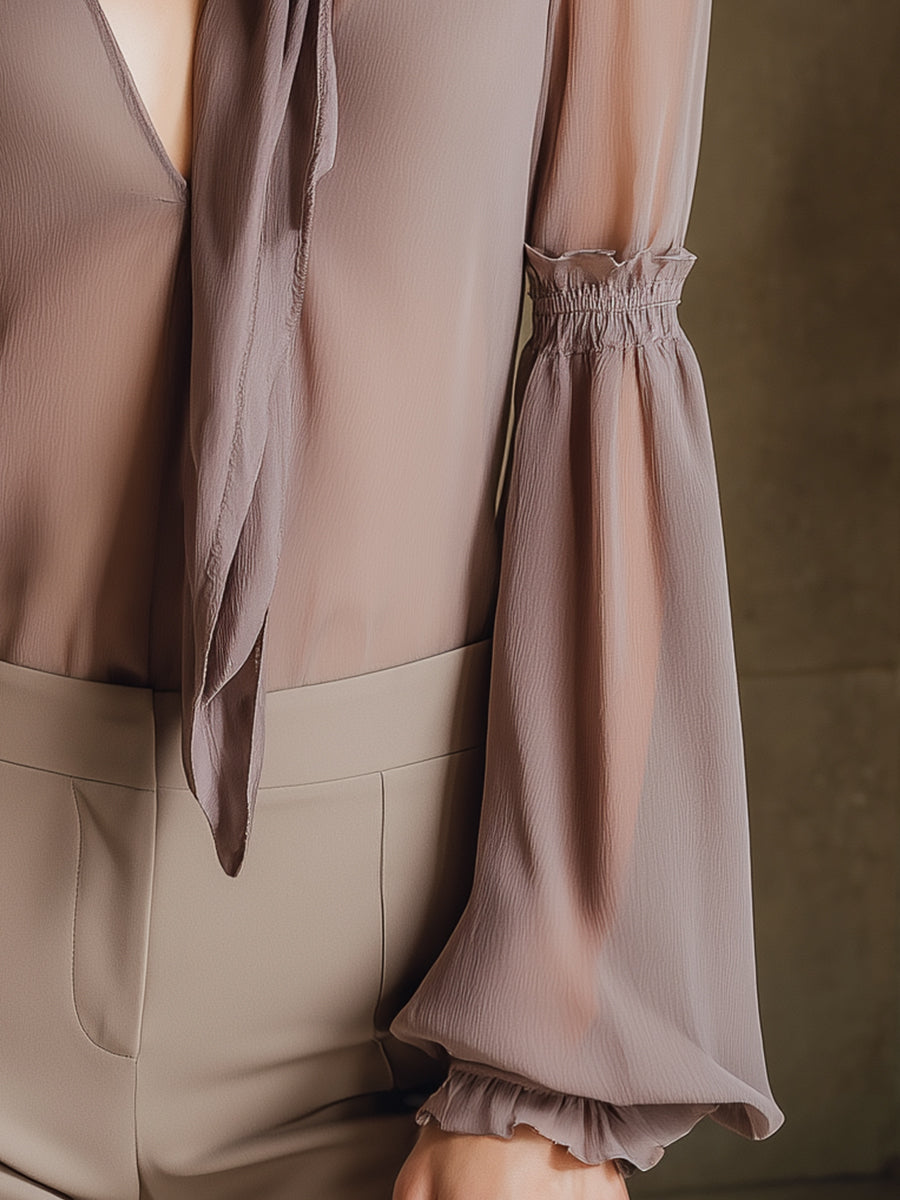 Tie-Neck Chiffon Blouse With Long Sleeves