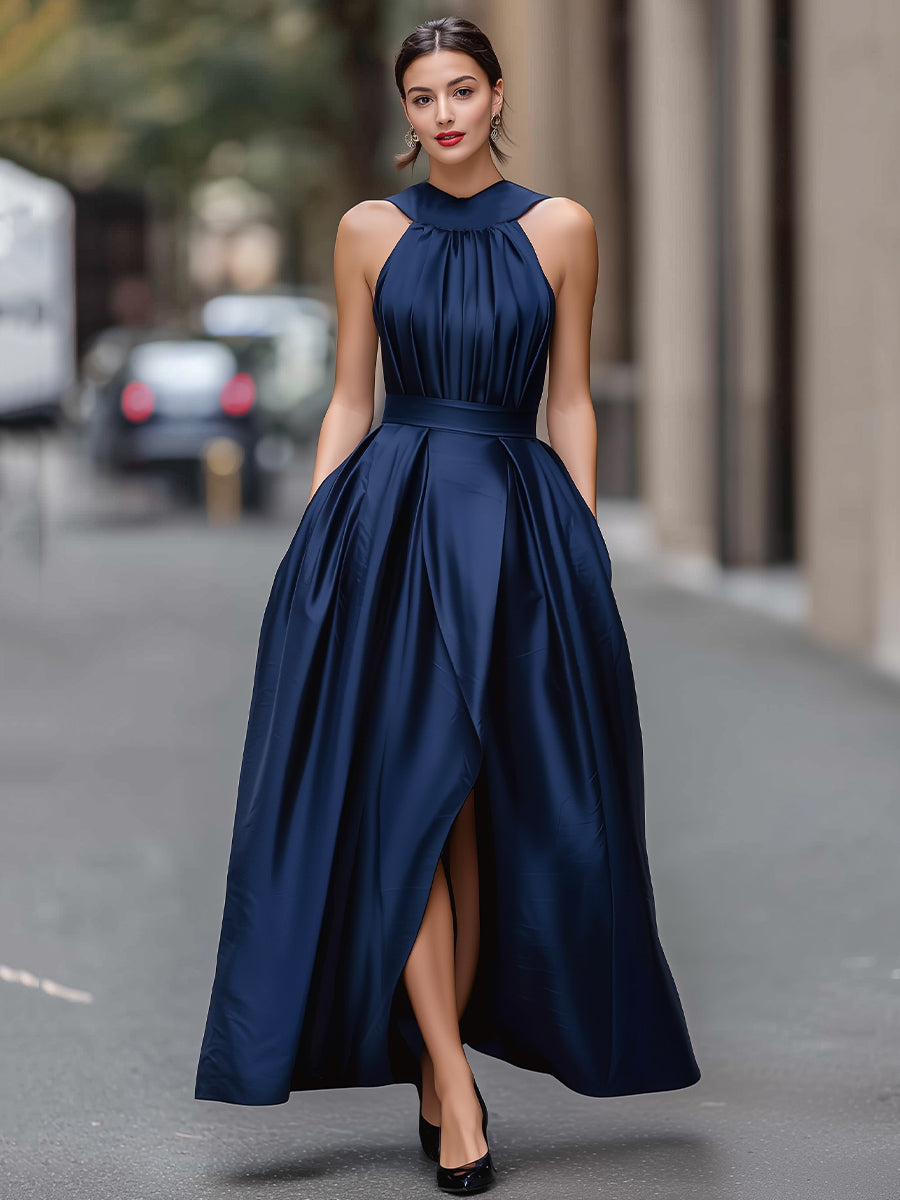 Midnight Muse High-Neck Satin Halter Gown With Open Back And Side Slit