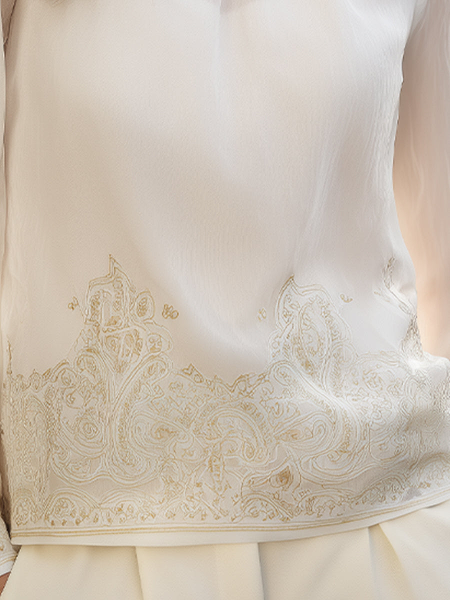 Elegant Print Sheer-Sleeve Blouse