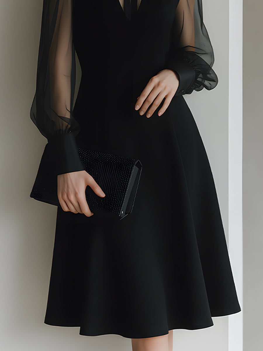 Sheer Sleeve Collared A-Line Midi Dress