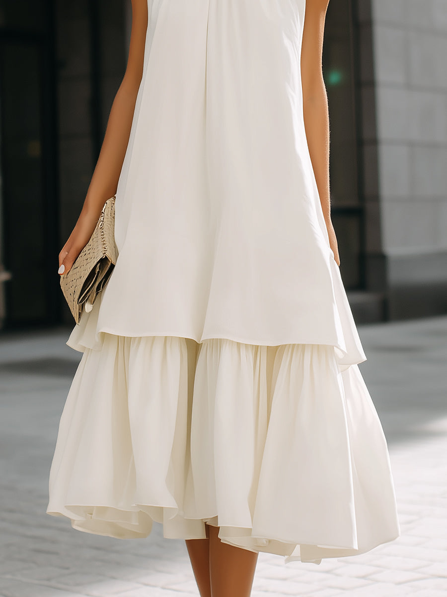 High Neck Layered Hem Midi Dress