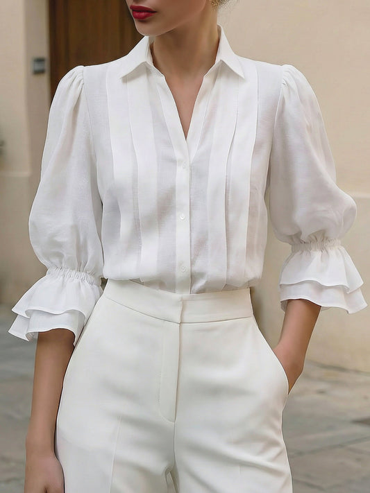 Ruffle Cuff Pintuck Button-Front Blouse