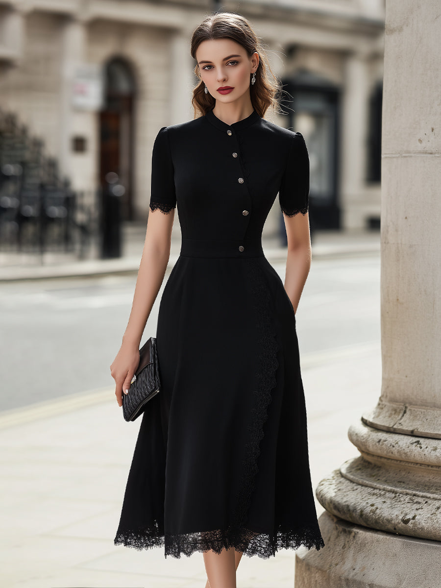 Button-Front Lace-Trim Midi Dress
