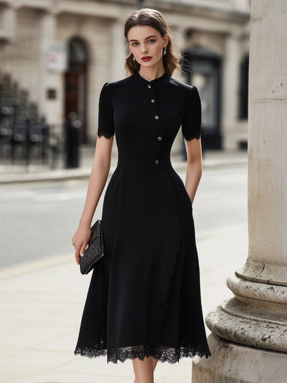 Button-Front Lace-Trim Midi Dress