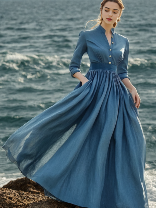 (SIZE:XS-XXL)Maxi Linen Dress, Long Sleeve, Stand Collar, Button Down, Cottagecore, Linen Blend, Blue