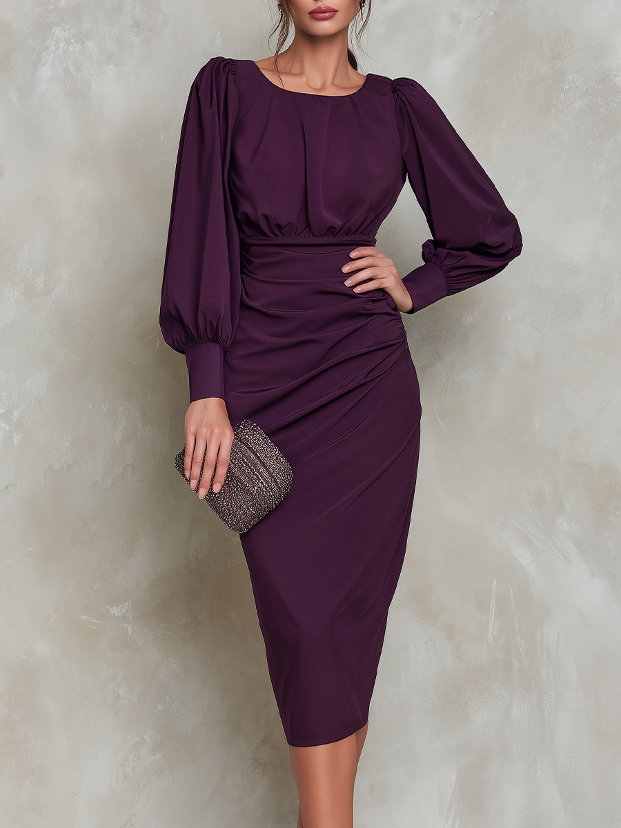 Ruched Waist Puff Sleeve Midi Dress