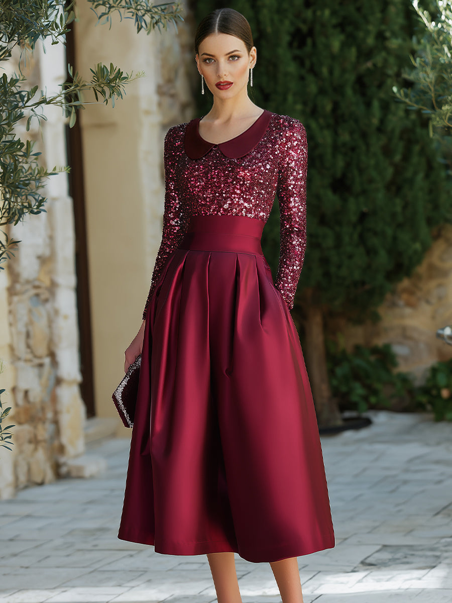 Sequin Bodice Midi Dress With Structured Waist
