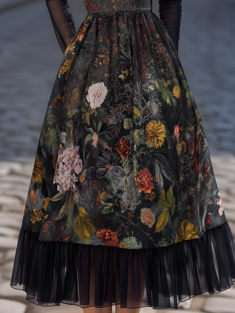 Pleated Sheer Long-Sleeve Floral Midi Dress