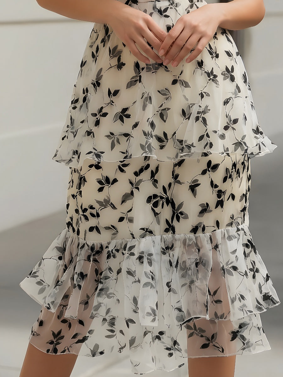 Floral Ruffle High-Neck Layered Midi Dress