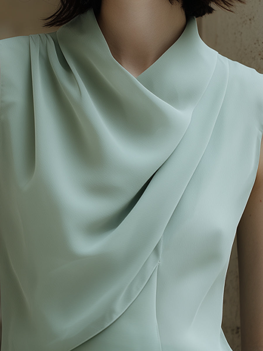 Draped Sleeveless Asymmetric Neckline Tailored Top