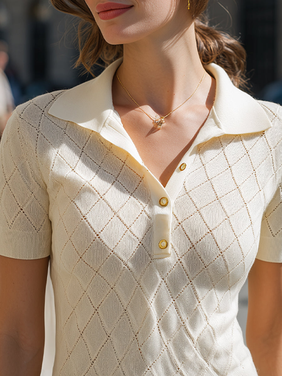 Cream Diamond Knit Short-Sleeve Polo Top