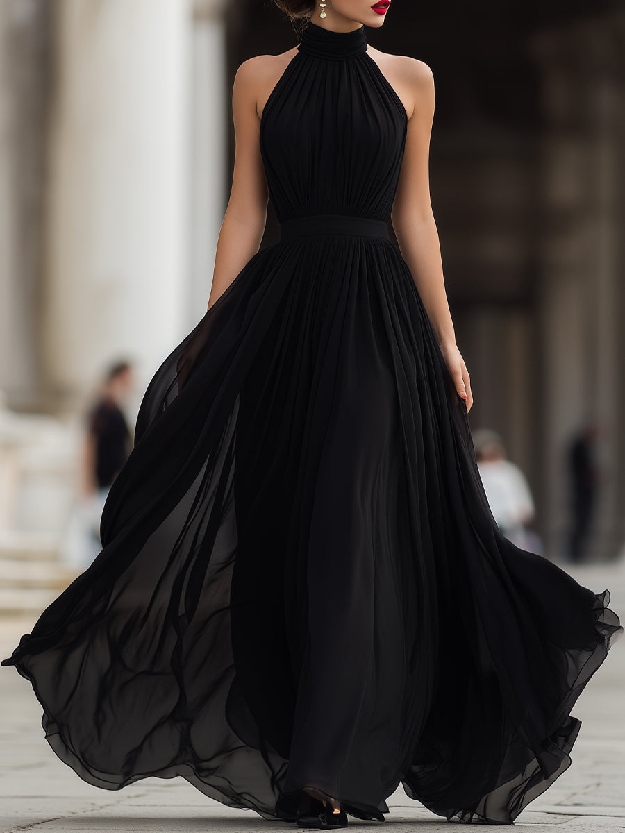 Black Halter Neck Pleated Chiffon Maxi Dress