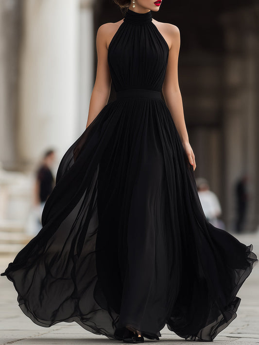 Black Halter Neck Pleated Chiffon Maxi Dress