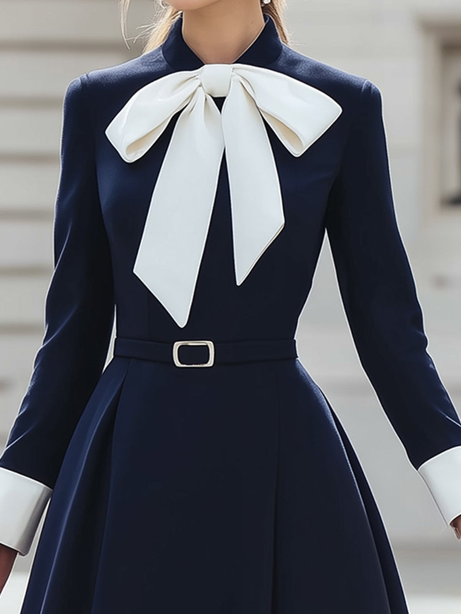 Belted Bow-Neck Long Sleeve A-Line Midi Dress