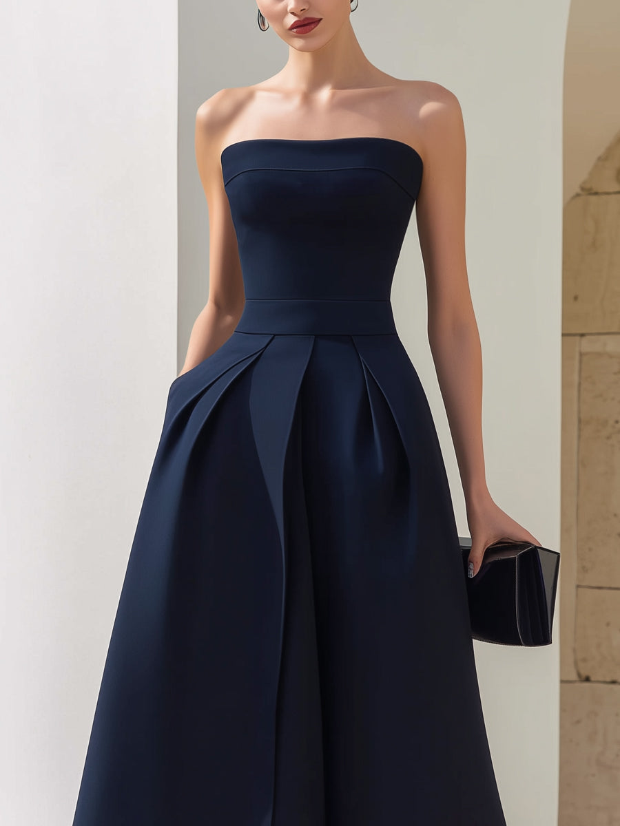 Strapless Structured A-Line Pleated Midi Dress