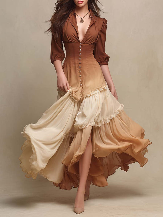 Boho Ombre Lace Trim Flowy Maxi Dress