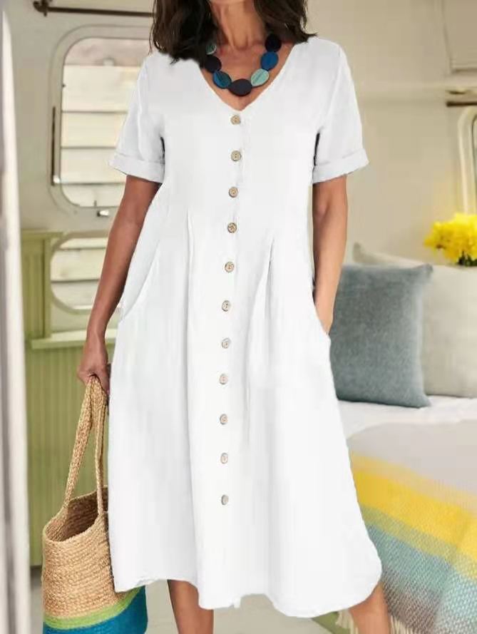 Plus Size Solid Color Loose High Waist Cotton and Linen Dress