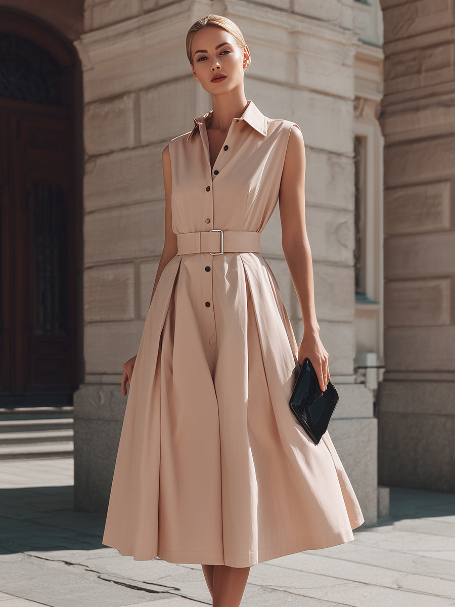 Sleeveless Belted Shirt Midi Dress