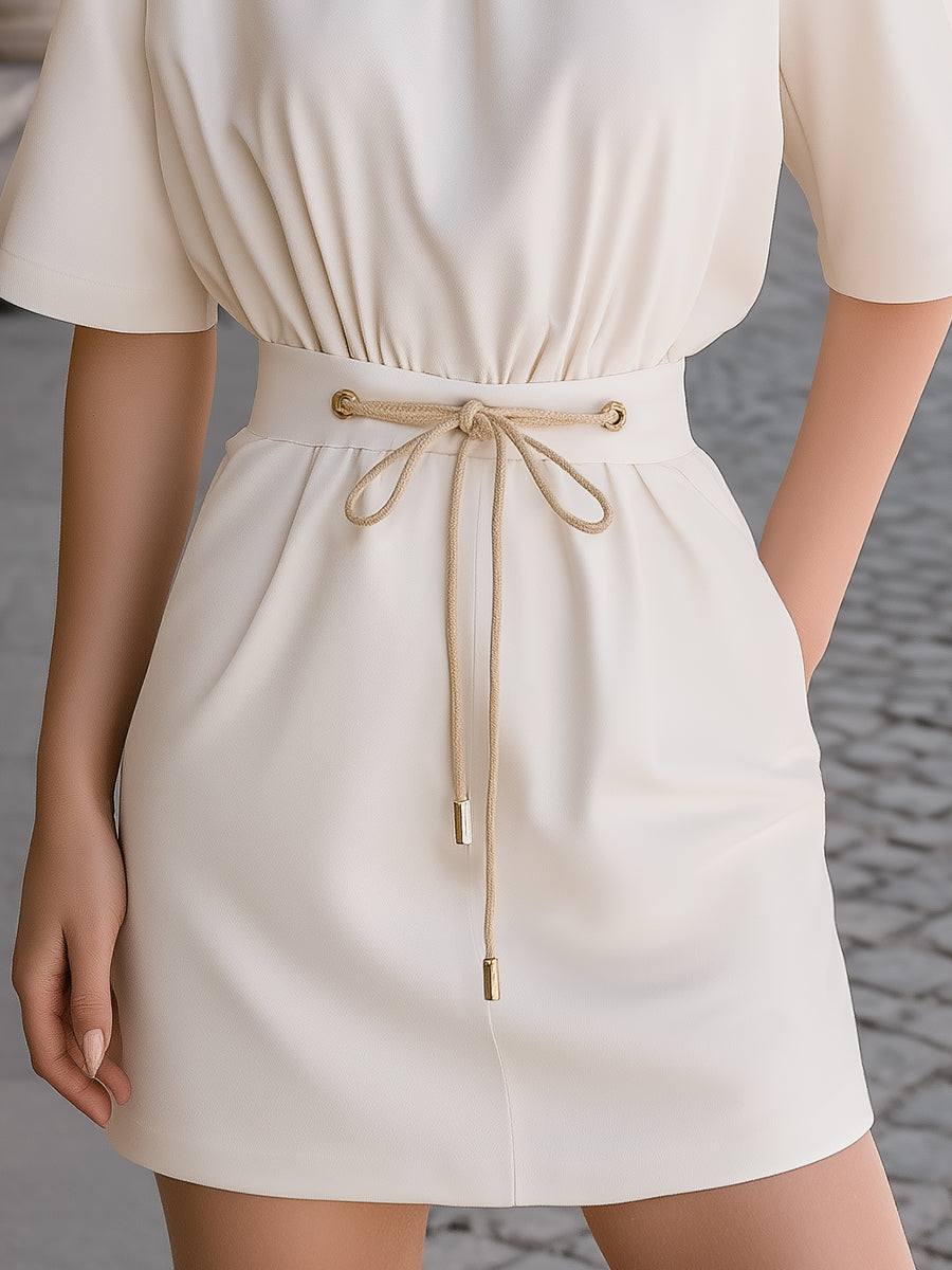 High-Neck Drawstring Waist Mini Dress