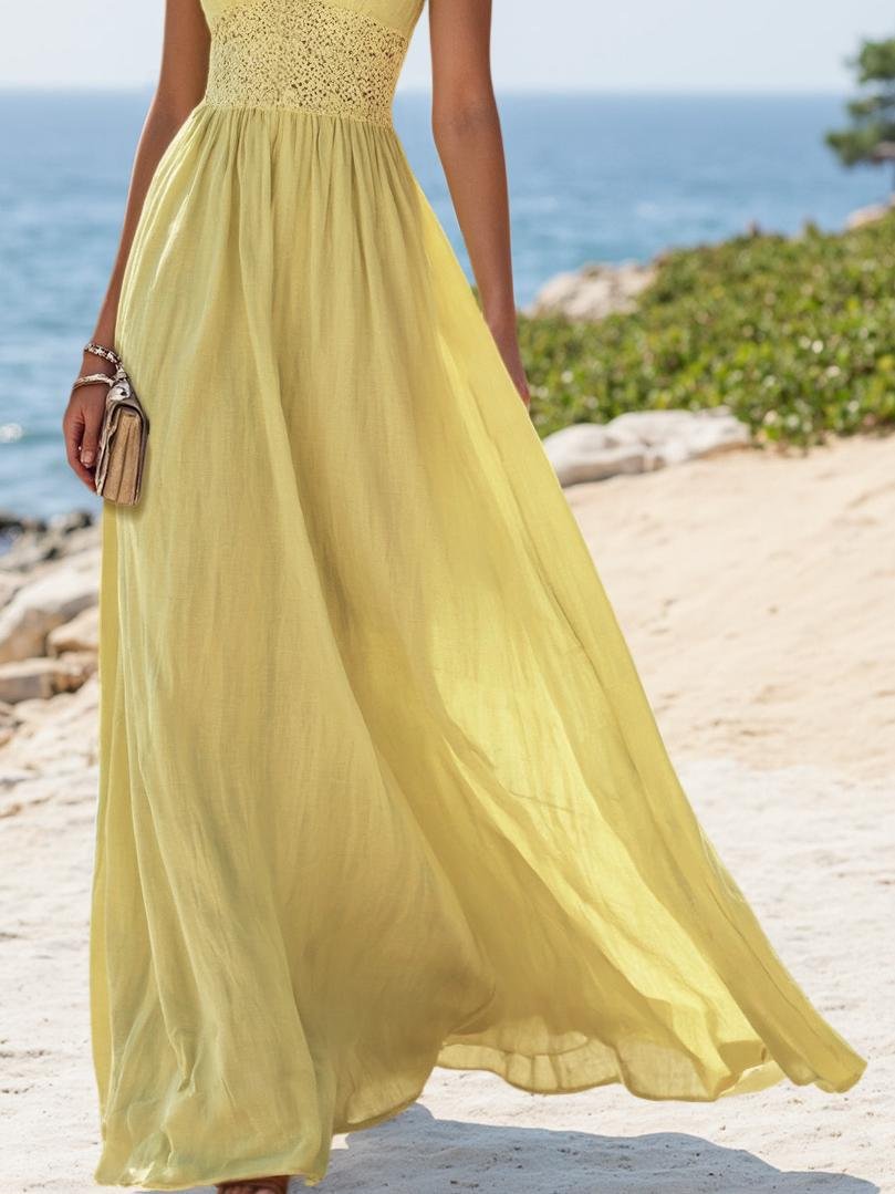 (SIZE:XS-XXL)Linen Maxi Dress, Sleeveless, V neck, Plain, Vintage, Cyan