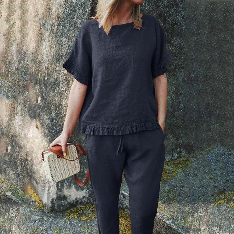 Plus Size Cotton and linen short sleeve top + trousers loose fitting suit