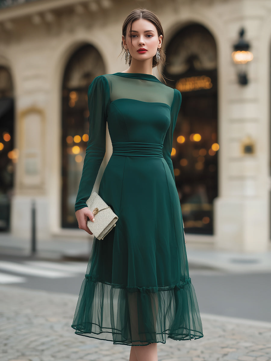 Sheer Yoke Long Sleeve Midi Dress With Defined Waist