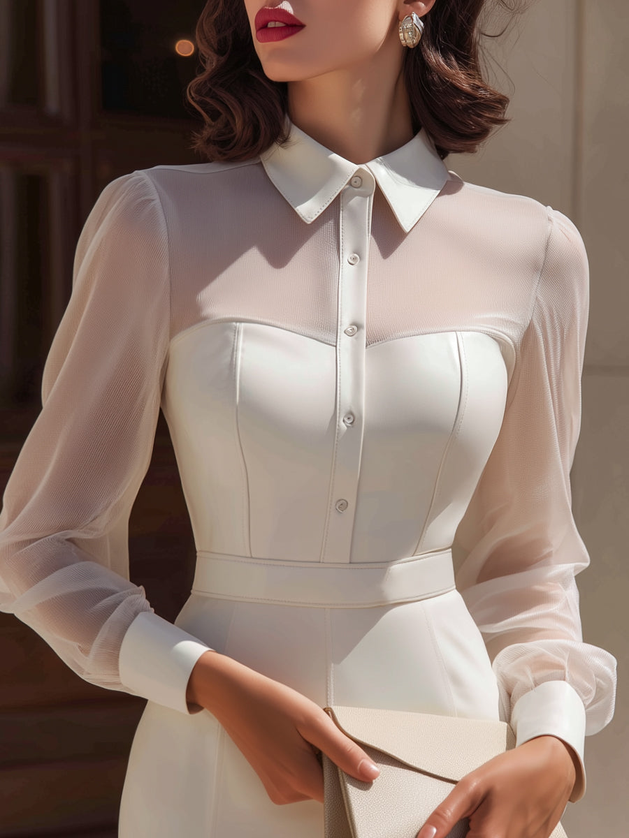 Sheer Panel Button-Front Tailored Midi Dress
