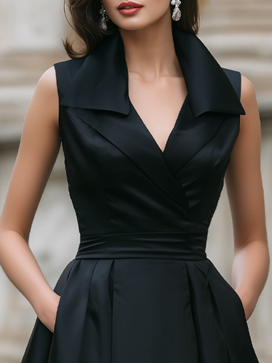 Elegant Sleeveless Wrap-Collar Midi Dress