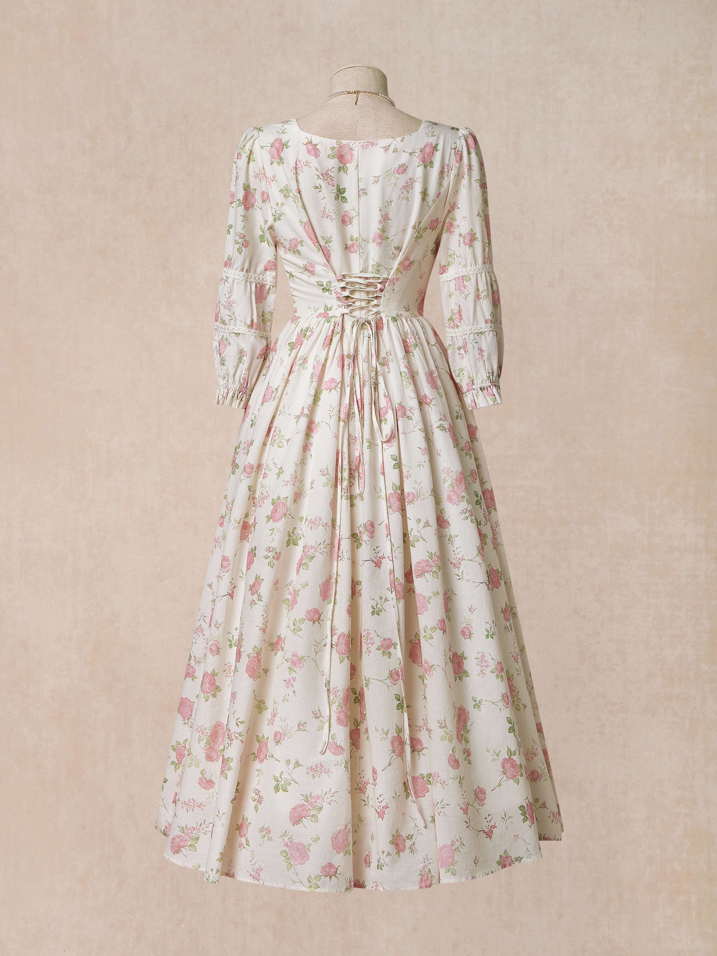 Linen Maxi Dress, Half Sleeve , Lace Collar, Floral, Casual, Pink