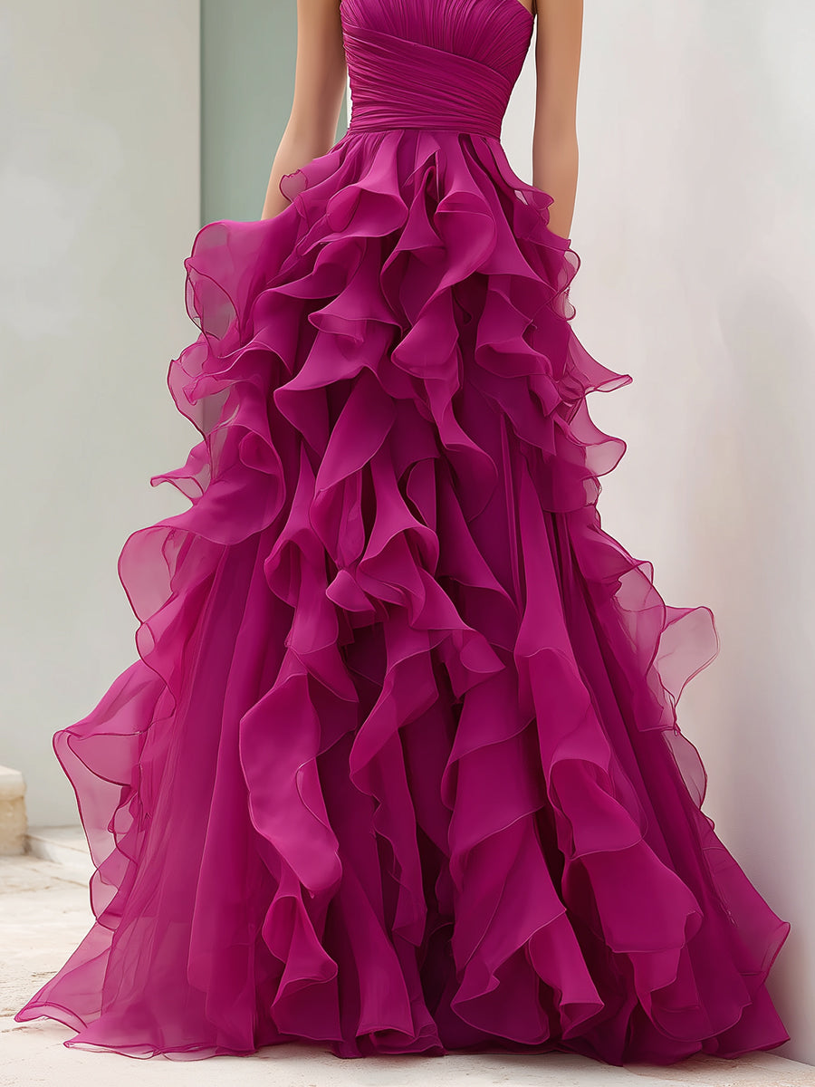 Strapless Magenta Ruffled Organza Ball Gown