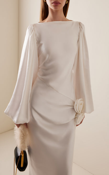Vivir Baloon-Sleeve Rose-Detailed Hammered-Satin Maxi Dress