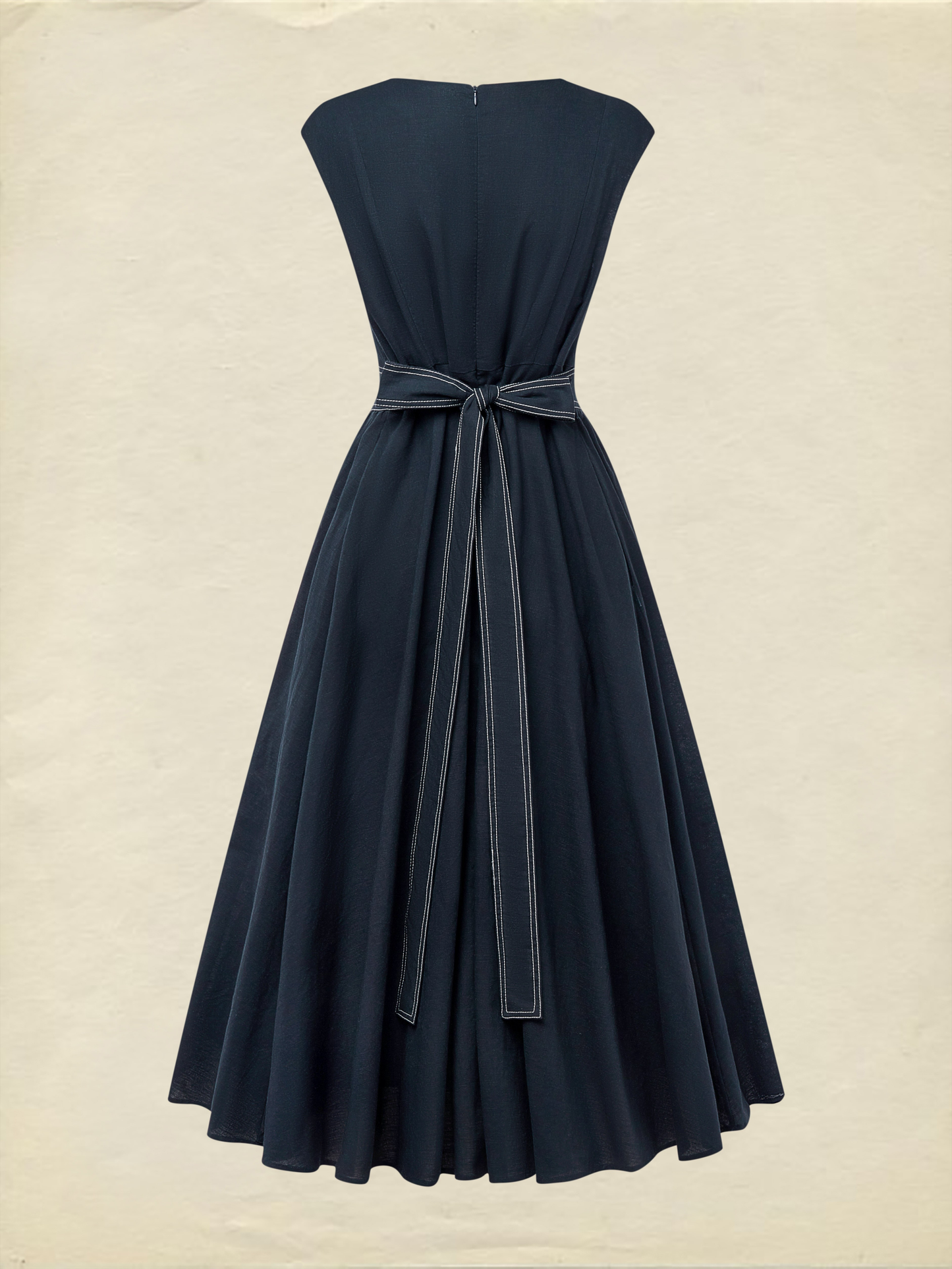 Maxi Linen Dress, Cap Sleeves, Crew Neck, Plain, Pocket Design, French Vintage, Blue