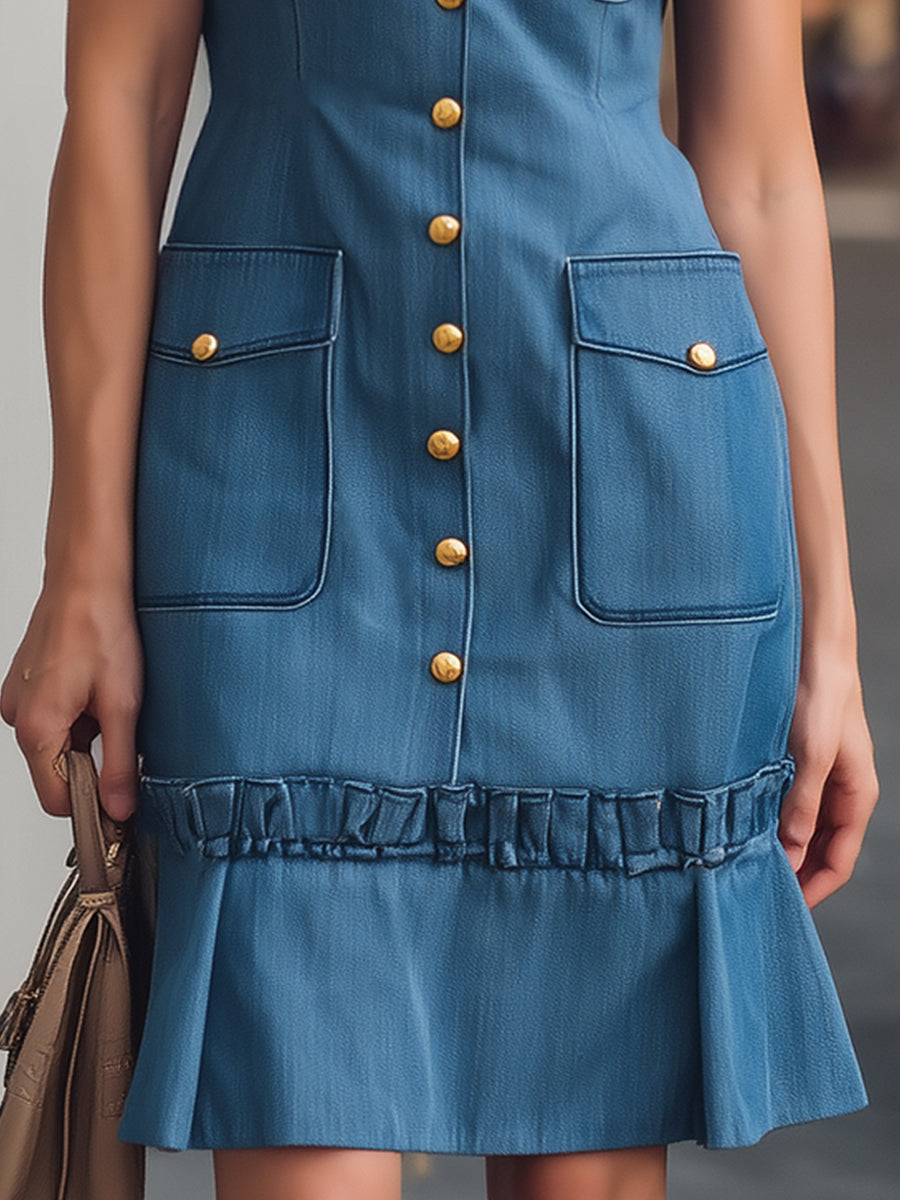 Elegant Ruffled Denim Button-Down Mini Dress