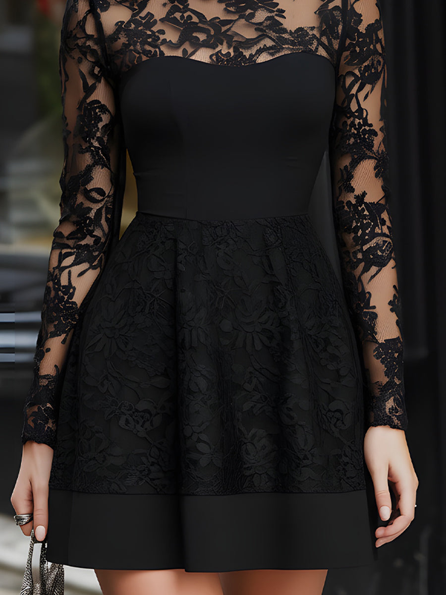 Black Lace High Neck Long Sleeve Mini Dress With Contrast Hem