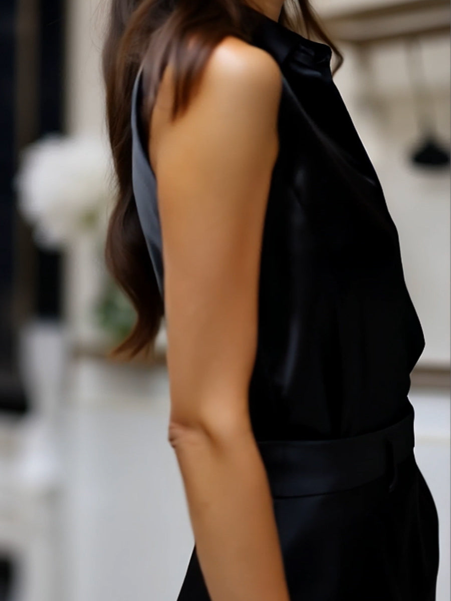 Sleek Black Satin Sleeveless Blouse