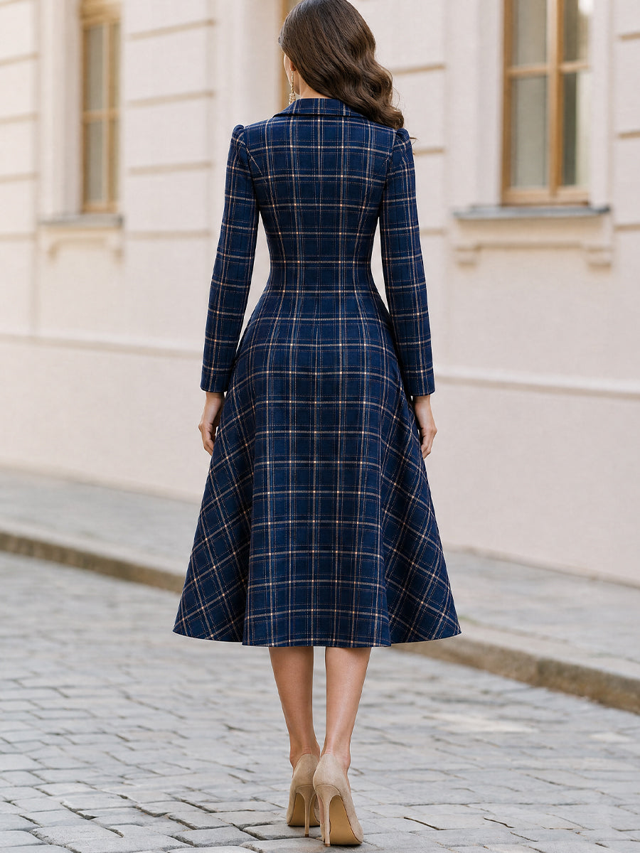 Notched Lapel Plaid Long Sleeve Button Front Fit & Flare Midi Dress