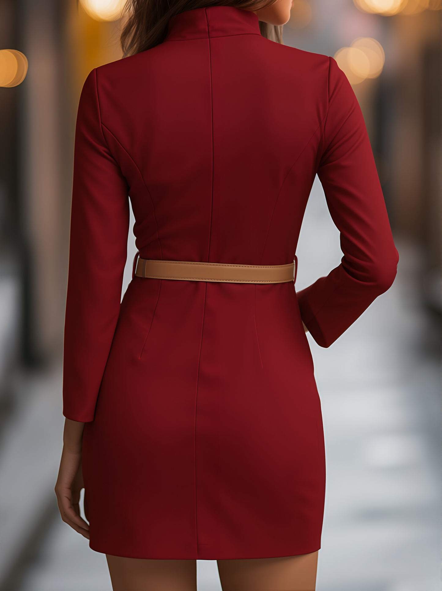 Elegant White Mandarin Collar Dress with Belt Design