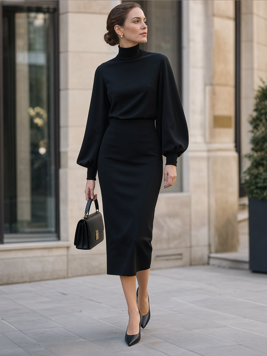 Mock-Neck Bishop-Sleeve Tailored Midi Dress