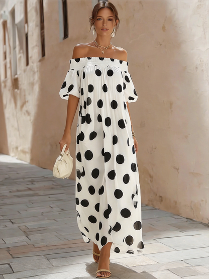 Off-Shoulder Polka Dot Flowy Maxi Dress