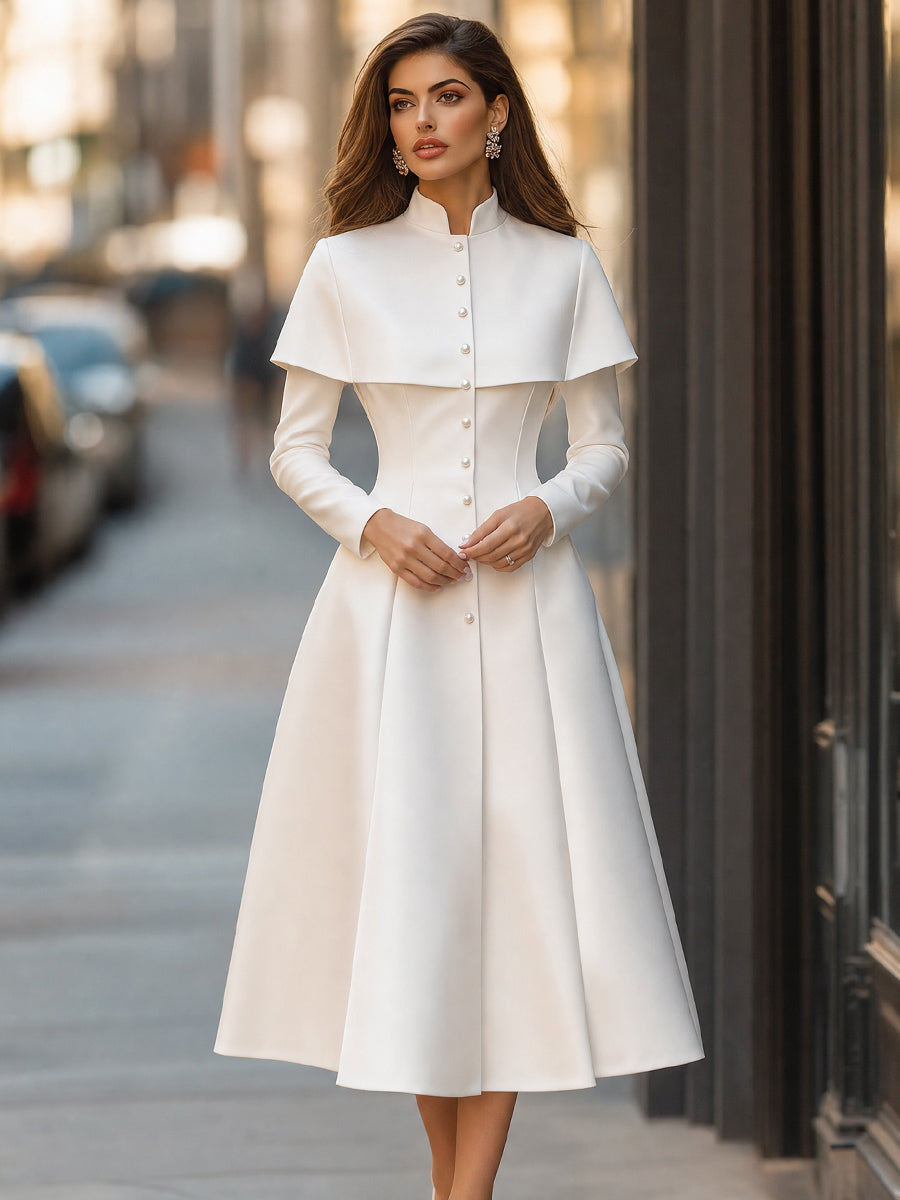 Cape-Overlay Pearl Button High-Neck Midi Dress