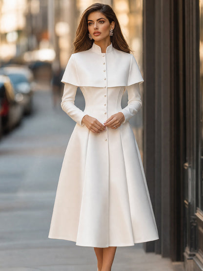 Cape-Overlay Pearl Button High-Neck Midi Dress