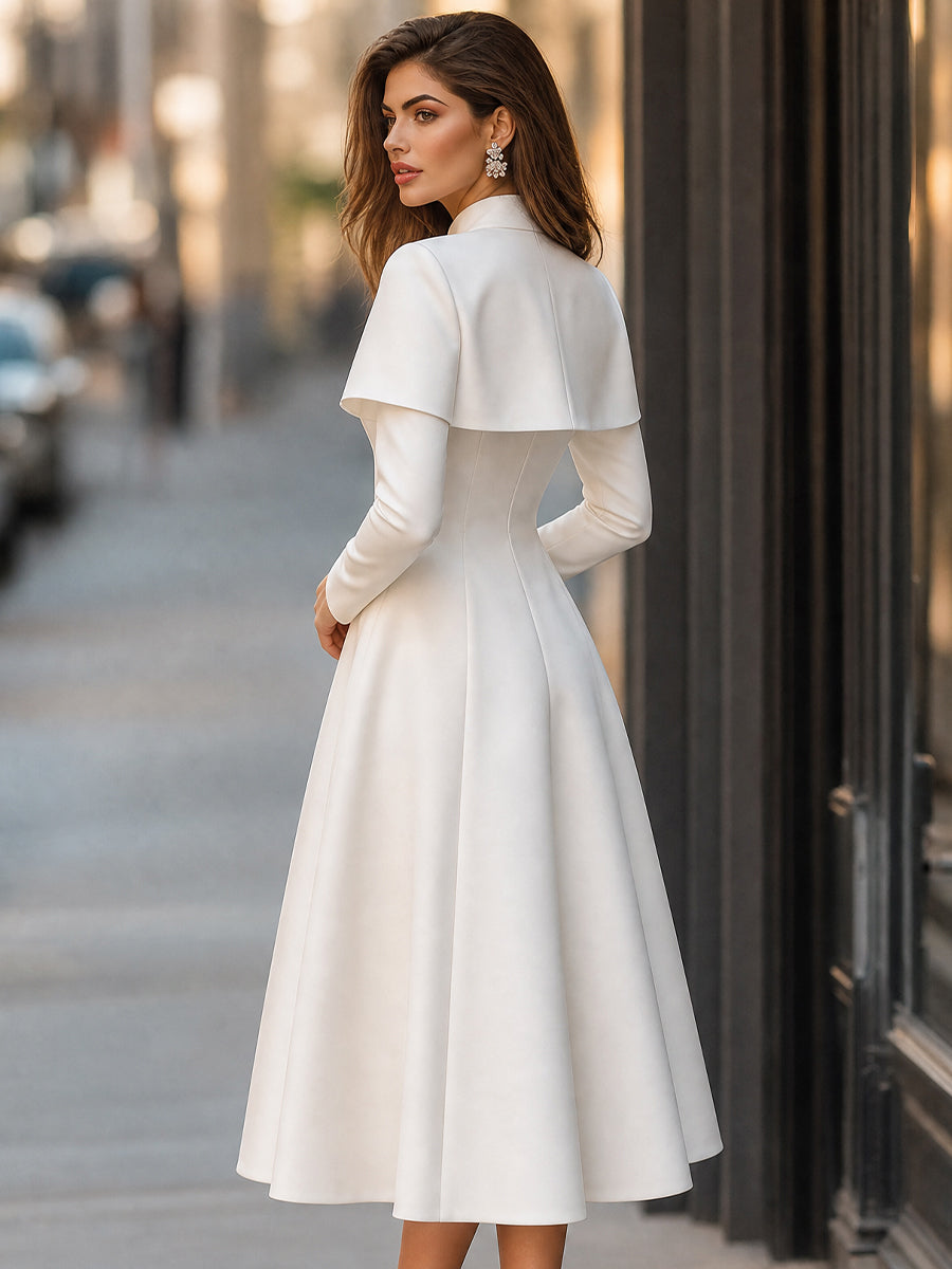Cape-Overlay Pearl Button High-Neck Midi Dress