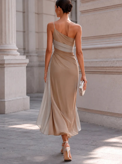 Khaki Color Block One-Shoulder Gold Floral Embroidery High-Slit Chiffon Midi Dress