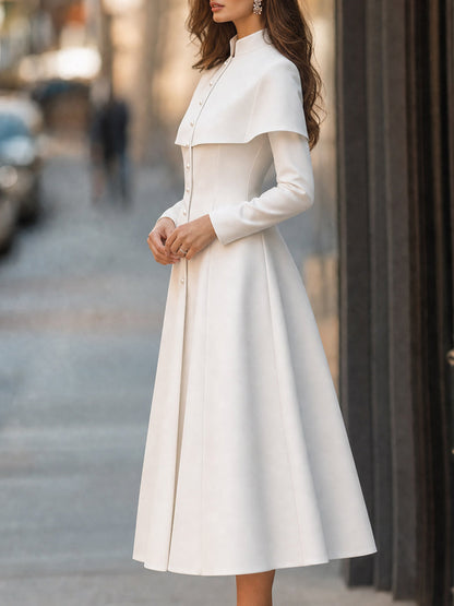 Cape-Overlay Pearl Button High-Neck Midi Dress