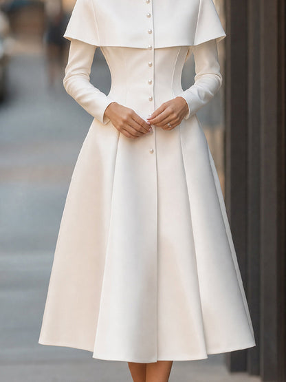 Cape-Overlay Pearl Button High-Neck Midi Dress