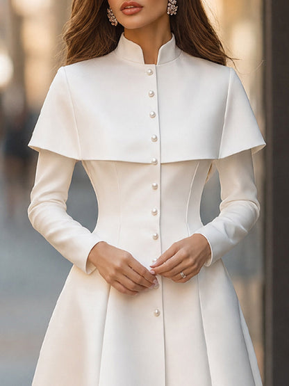Cape-Overlay Pearl Button High-Neck Midi Dress