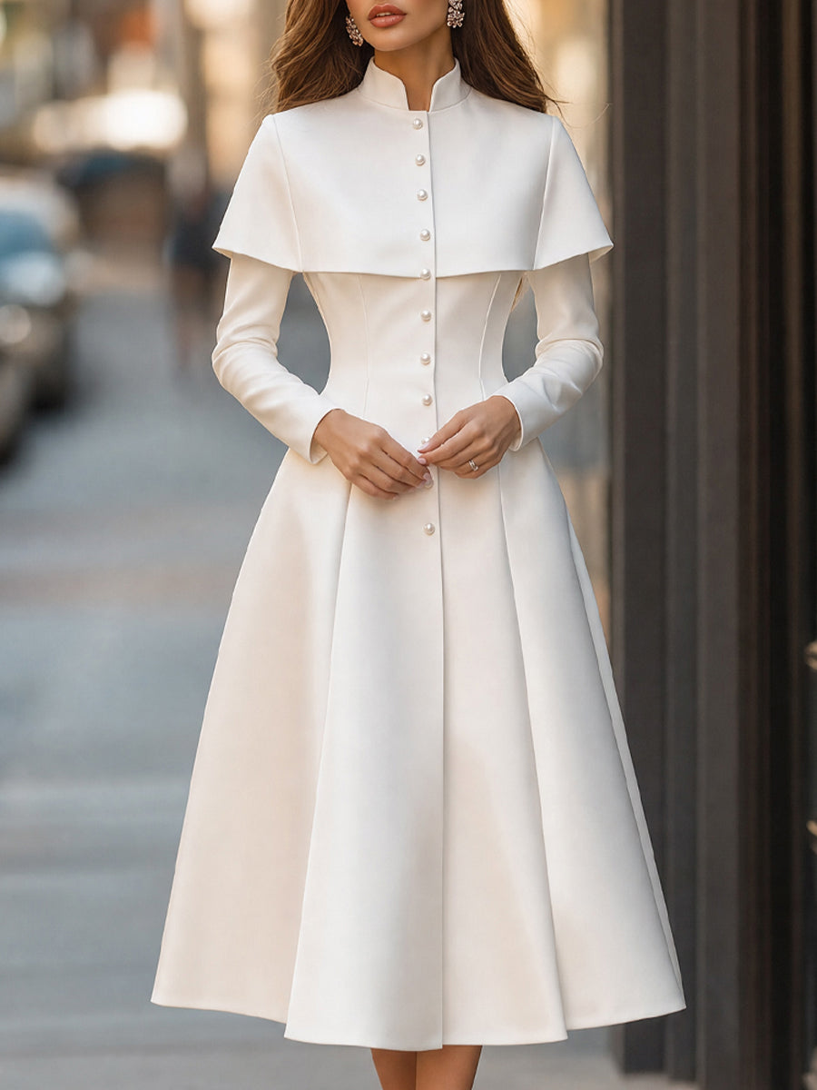 Cape-Overlay Pearl Button High-Neck Midi Dress