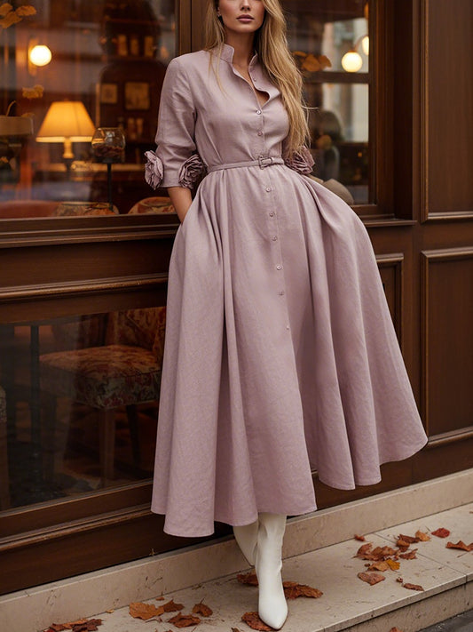 Midi Cotton Dress, Half Sleeve, Stand Collar, Plain, 3D Floral, Vintage, lavender