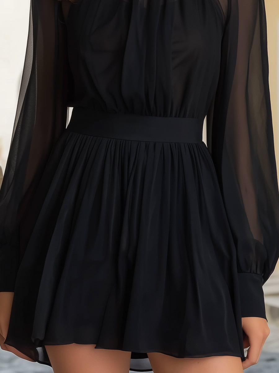 Sheer Chiffon High-Neck Long Sleeve Mini Dress